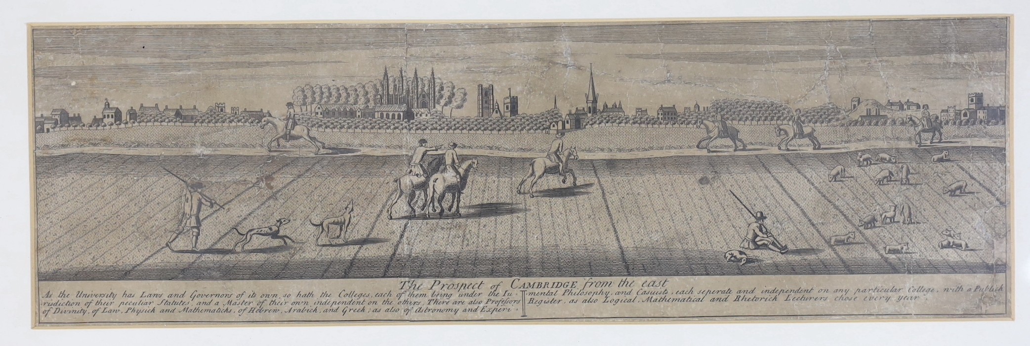 Three 17th/18th century engravings; Collegium St Iohannis Evangelista, 40 x 80cm and Prospects of Cambridge from the East and West, 11 x 35cm